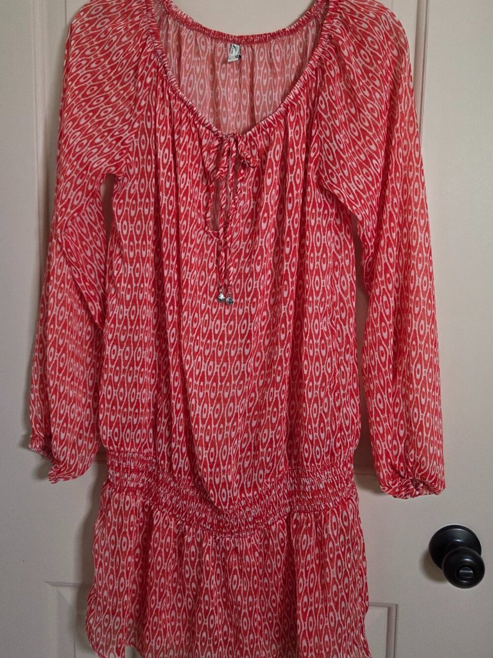 Jones N Y Swim Cover UP Dress Tunic Orange & White Print Long Sleeve  Sz Med